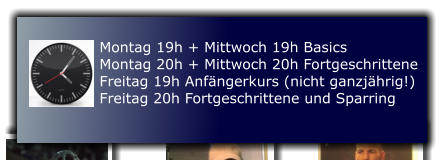 Montag 19h + Mittwoch 19h Basics Montag 20h + Mittwoch 20h Fortgeschrittene Freitag 19h Anfängerkurs (nicht ganzjährig!) Freitag 20h Fortgeschrittene und Sparring